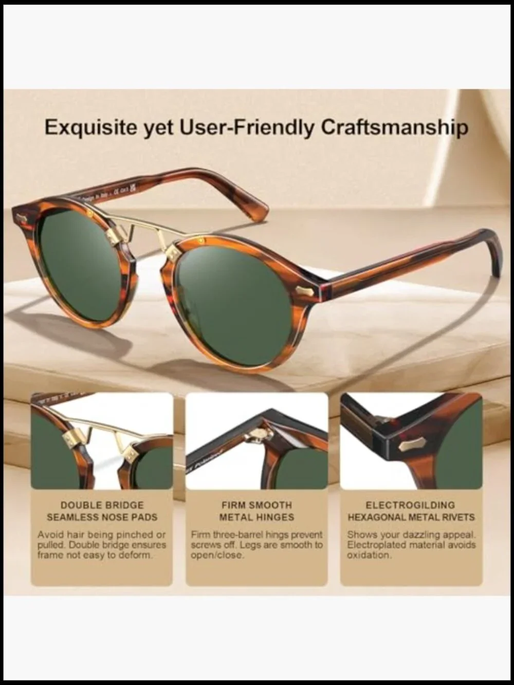 Retro Round Double Bridge Polarized Sunglasses Men Acetate UV Protection